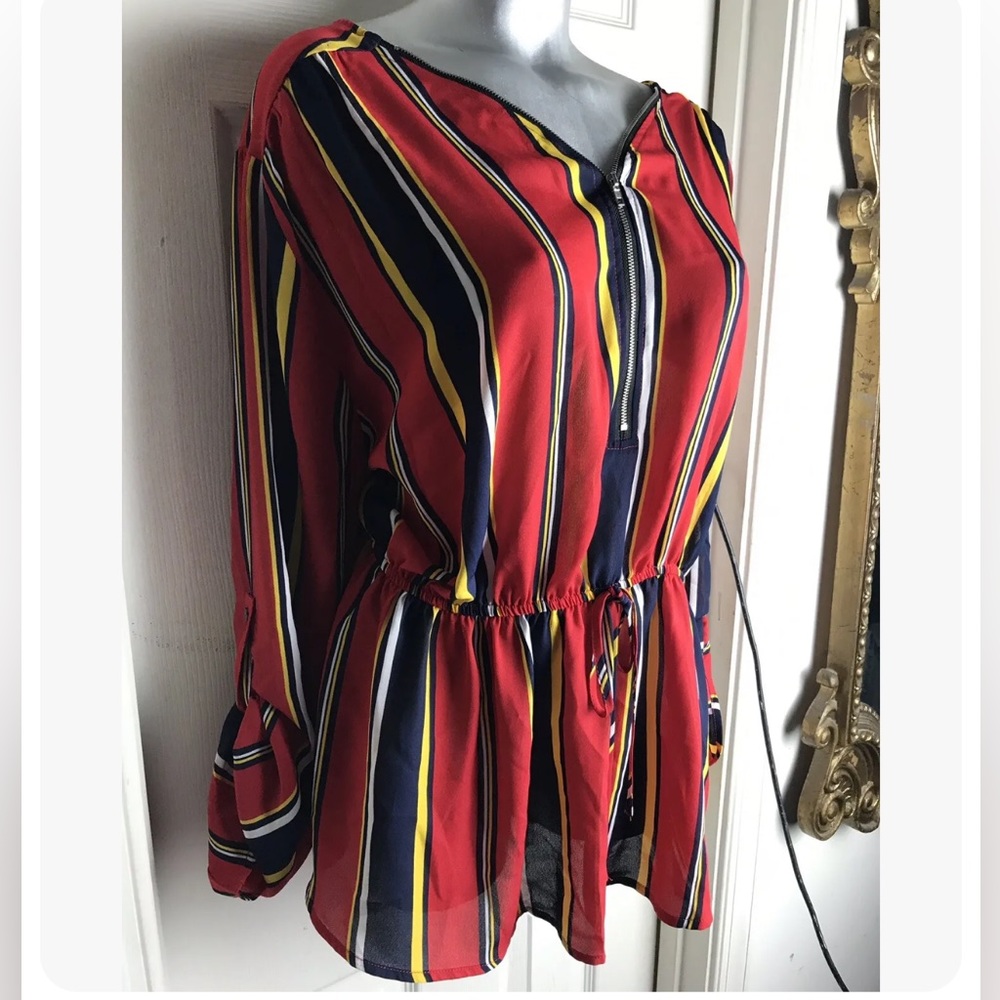 UPS & DOWNS PLUS 2X -VERTICAL STRIPED BLOUSE TOP -ROLL TAB SLEEVE-1/4 ZIPPER
